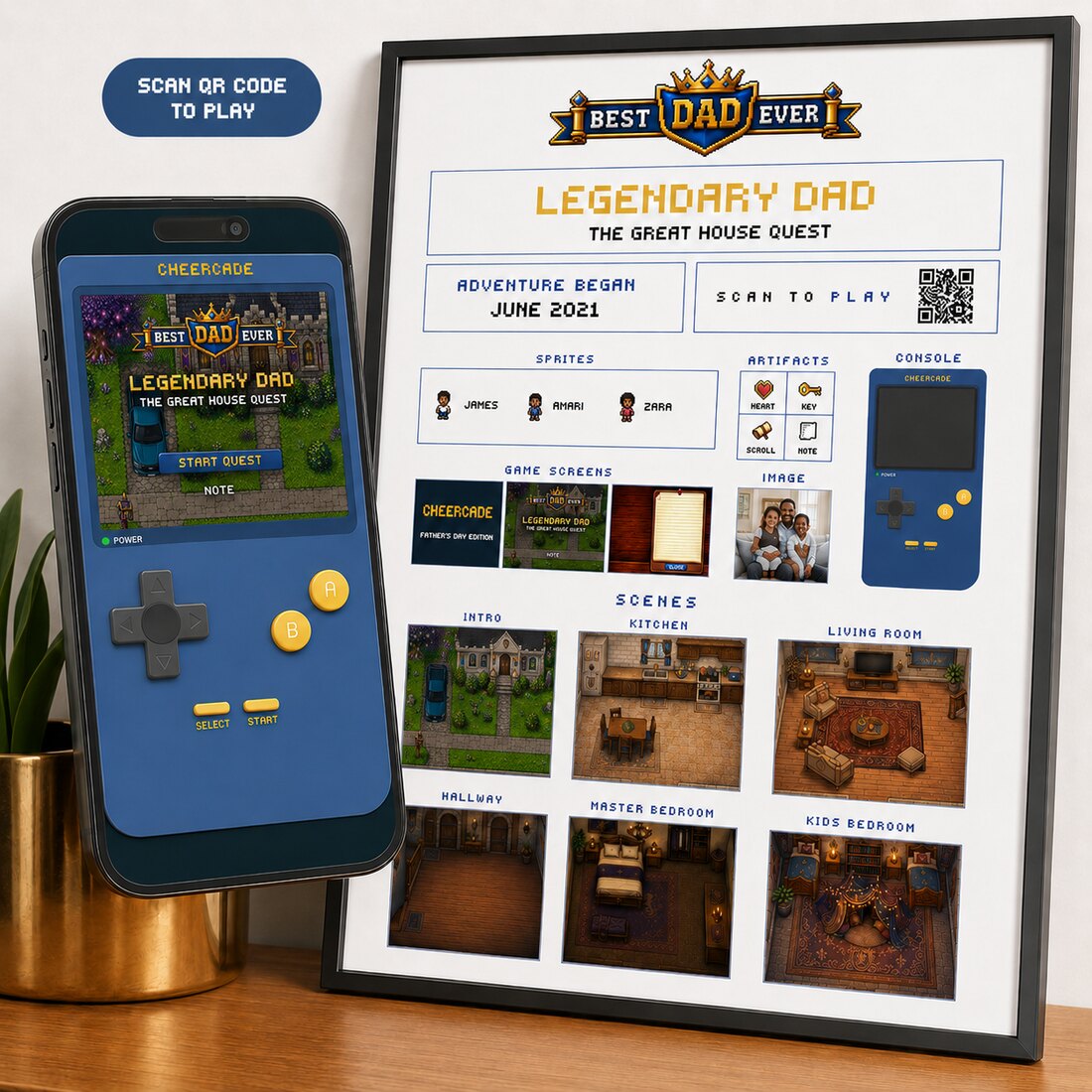 Legendary Dad retro game on phone with framed print poster